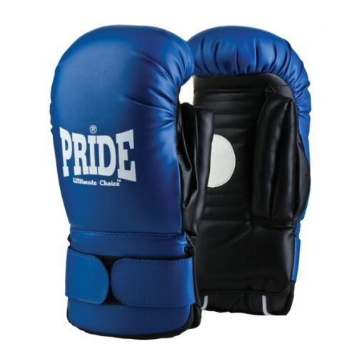 Focus blue gloves with white Pride logo inscription