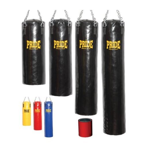 Boxing bags of different sizes and colors