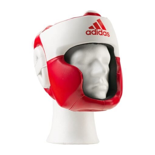 Čelada za boks Adidas z začšito za ličnice v rdeče-beli barvi