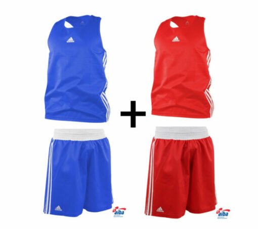 Boxing T-shirt and shorts AIBA set Adidas in red and blue colors