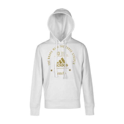 Karate hoodie beli z zlatim Adidas logom in napisom karate