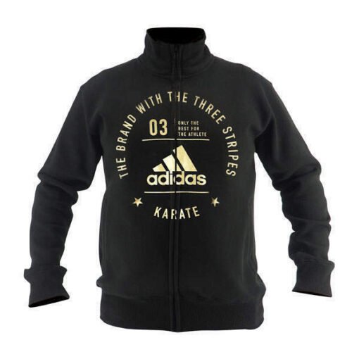 Šprtni pulover z zadrgo Adidas črn z zlatim logom in napisom karate