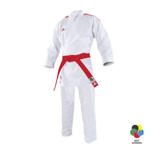 Tekmovalna karate kimona PRIMEGREEN ADILIGHT WKF Adidas bela z rdečimi črtami
